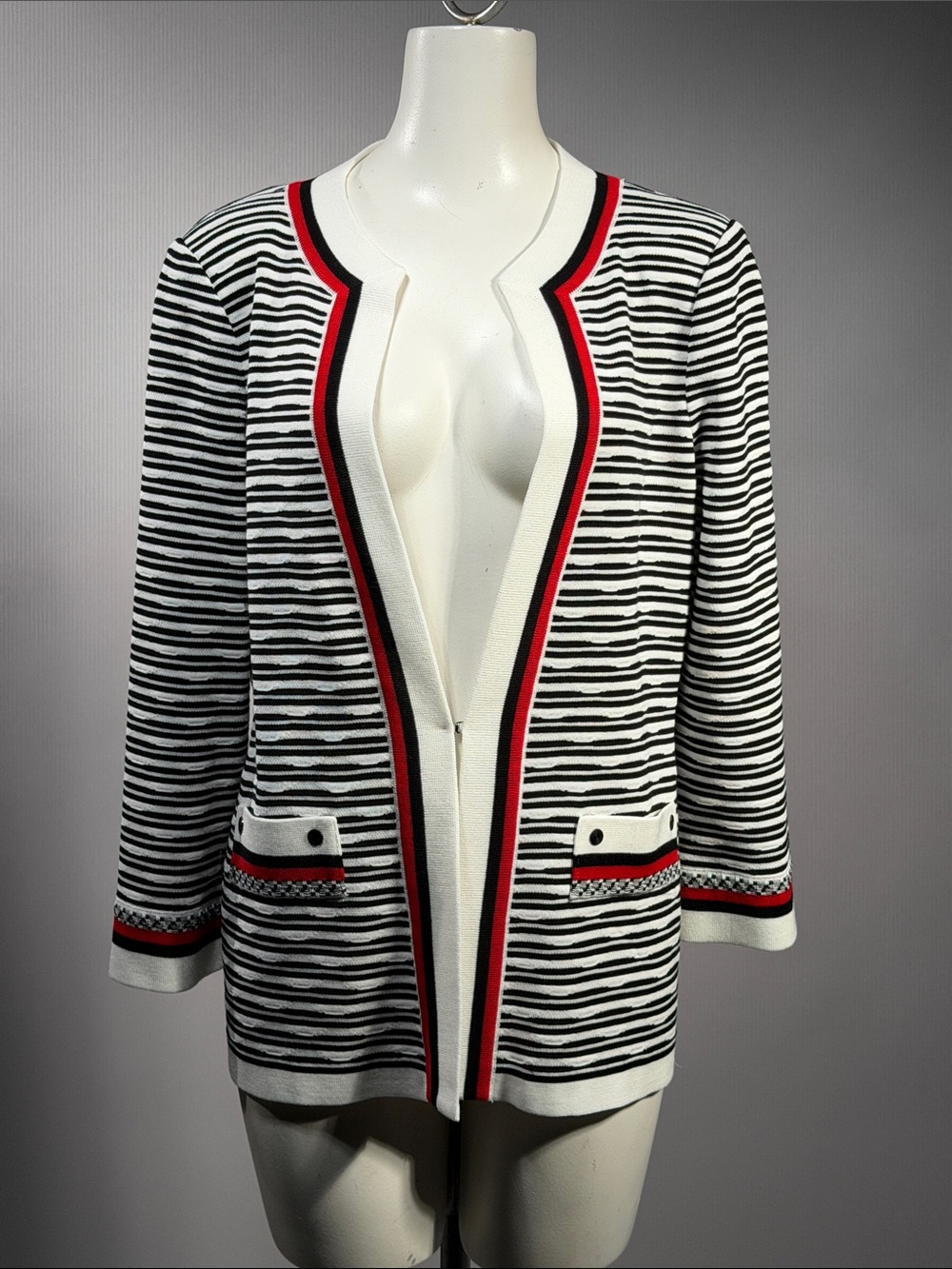 Misook Black & White Striped Open-Front Jacket with Red Trim (r7)